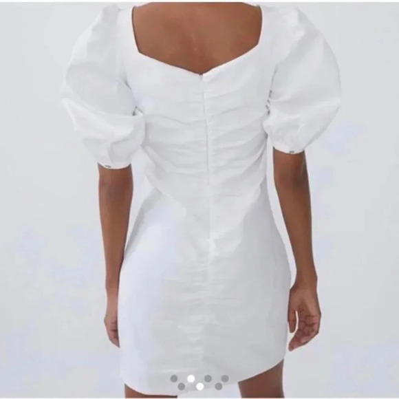Zara Ruched Cotton Puff Sleeve Mini Dress White  Sz S - Picture 2 of 7
